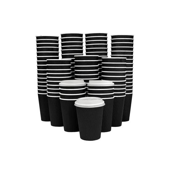 COMBO 4盎司黑色纸波纹墙咖啡杯，白色盖子- 40/箱